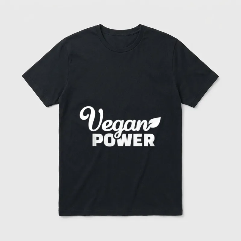 Vegan Power Vegetarian T-Shirt – White Vegan Power text with leaf flourish on grey background – Classic T-Shirt in Black