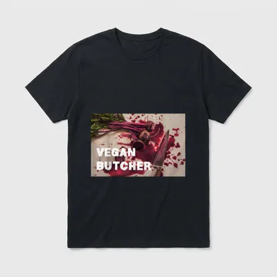 Vegan Butcher Vegan Shirts T-Shirt – VEGAN BUTCHER text over beets and knife with red juice stains – Classic T-Shirt in Black