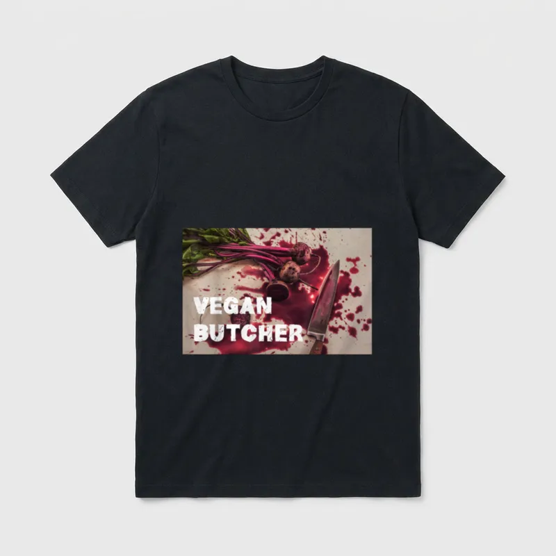 Vegan Butcher Vegan Shirts T-Shirt – VEGAN BUTCHER text over beets and knife with red juice stains – Classic T-Shirt in Black