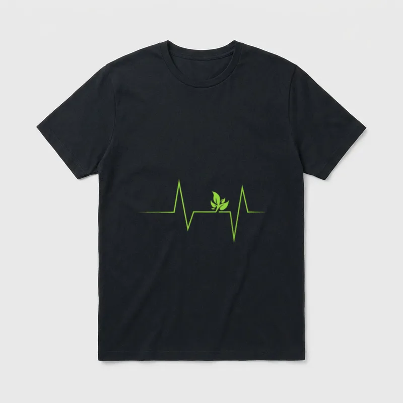 My Heart beats T-Shirt – Green heartbeat line with leaves and text My Heart beats vegan – Classic T-Shirt in Black