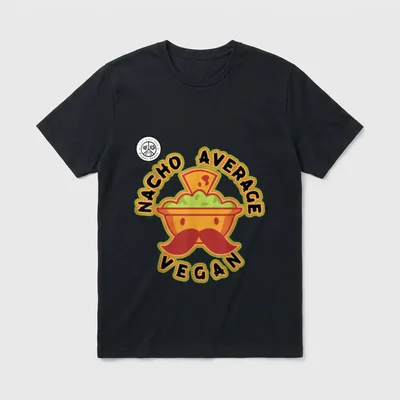 Nacho Average Vegan Vegout T-Shirt – Cartoon nacho bowl with mustache and text Nacho Average Vegan – Classic T-Shirt in Black