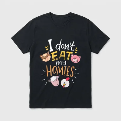 Vegan Homies T-Shirt – I don't EAT my HOMIES text with cartoon cow pig sheep and chicken heads – Classic T-Shirt in Black