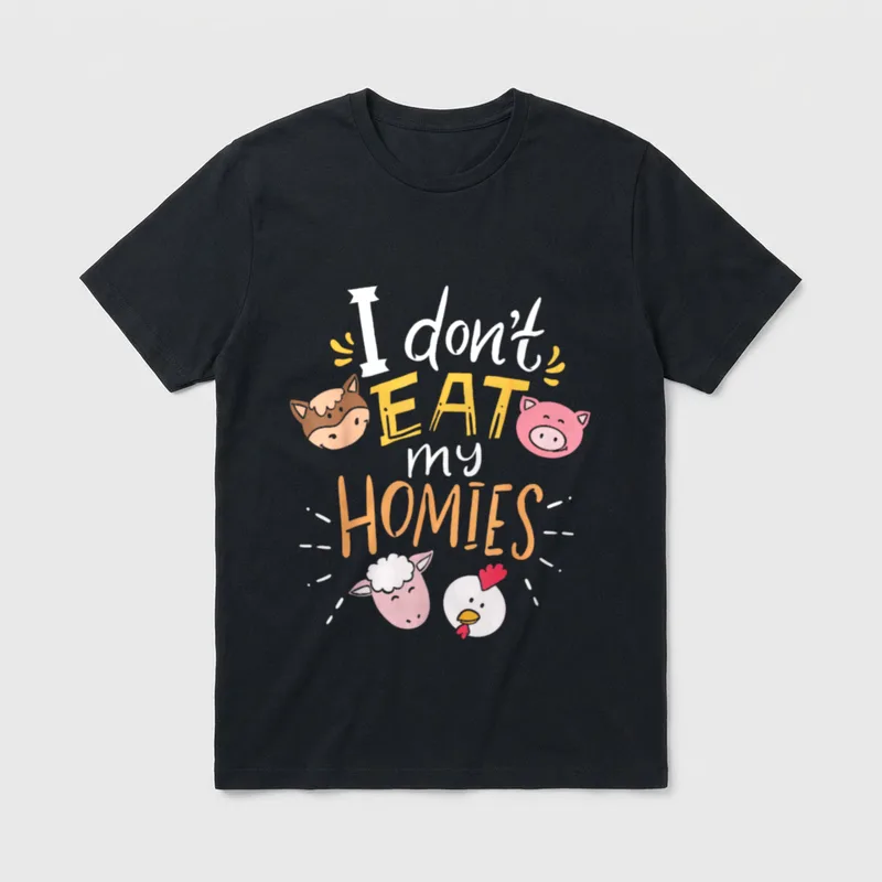 Vegan Homies T-Shirt – I don't EAT my HOMIES text with cartoon cow pig sheep and chicken heads – Classic T-Shirt in Black