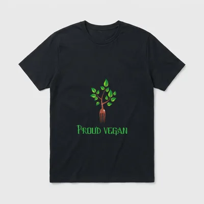 Proud Vegan Vegan Shirts T-Shirt – Fork tree illustration with green leaves and text PROUD VEGAN – Classic T-Shirt in Black