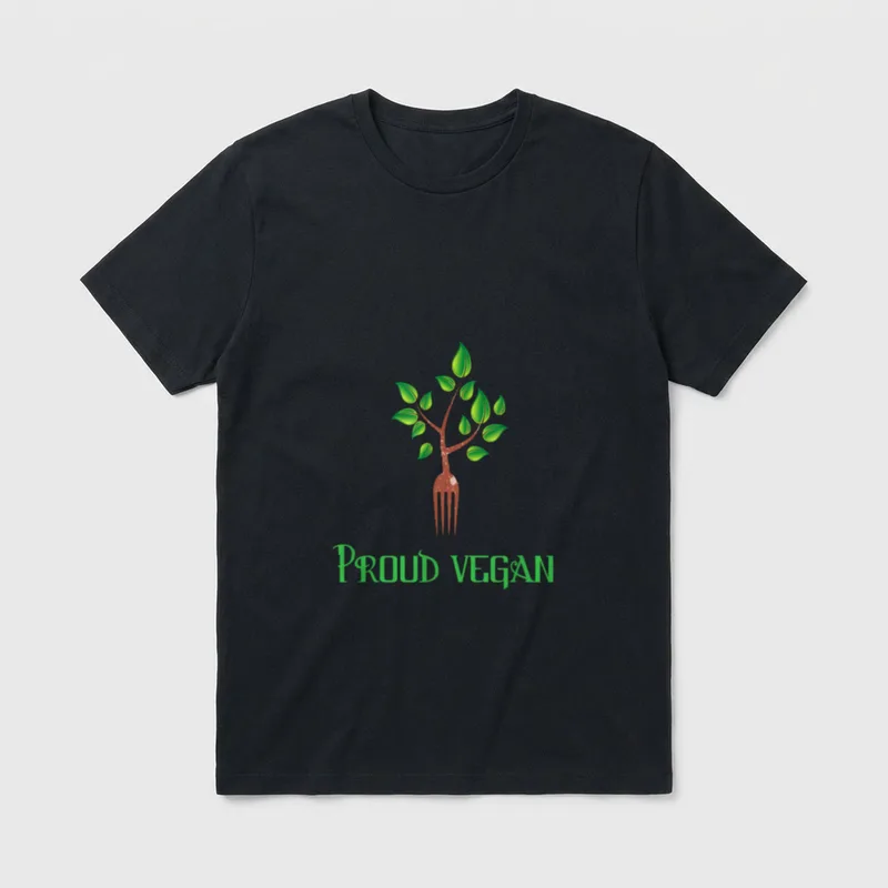 Proud Vegan Vegan Shirts T-Shirt – Fork tree illustration with green leaves and text PROUD VEGAN – Classic T-Shirt in Black