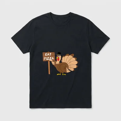 Turkey Eat Pizza Kids Vegan T-Shirt – Cartoon turkey holding wooden sign reading 'EAT PIZZA' – Classic T-Shirt in Black