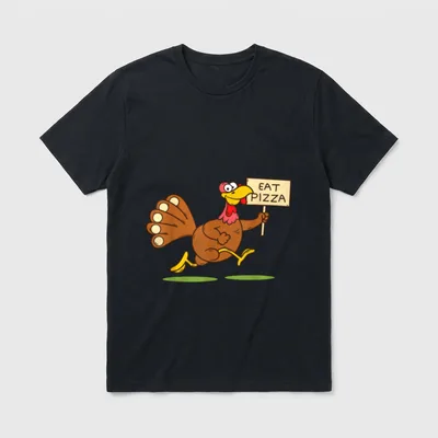 Turkey Eat Pizza Men T-Shirt – Cartoon turkey holding sign that says "EAT PIZZA" – Classic T-Shirt in Black
