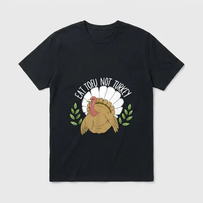 Eat tofu not turkey T-Shirt – Cartoon turkey with EAT TOFU NOT TURKEY text and green leaves – Classic T-Shirt in Black