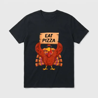 Turkey Eat Pizza Vegan Kids Funny T-Shirt – Cool turkey holding EAT PIZZA sign – Classic T-Shirt in Black