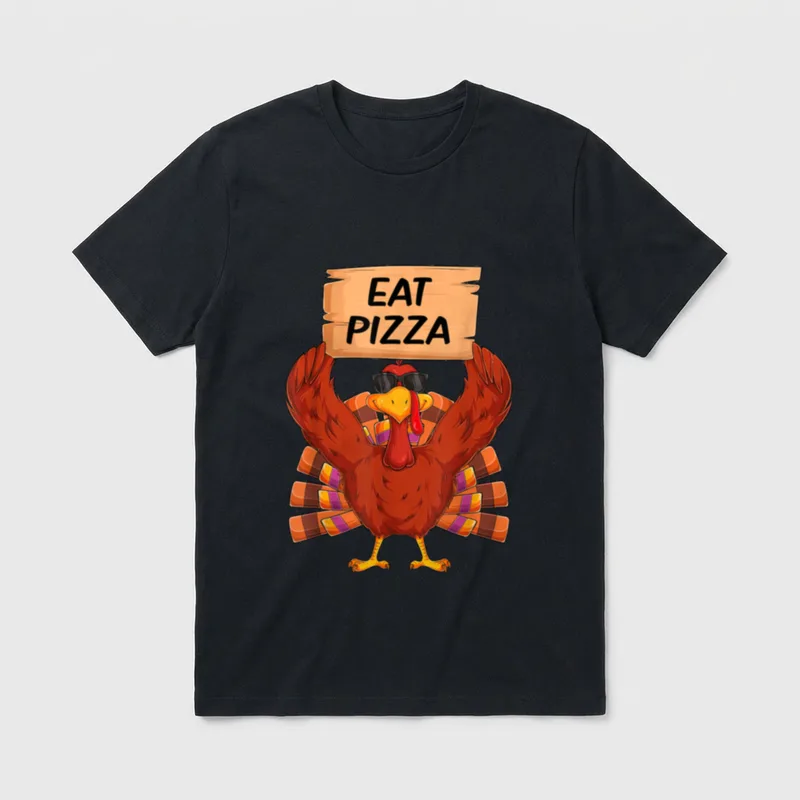 Turkey Eat Pizza Vegan Kids Funny T-Shirt – Cool turkey holding EAT PIZZA sign – Classic T-Shirt in Black