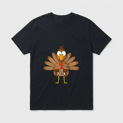 Funny Eat pizza turkey T-Shirt – Cartoon turkey holding a wooden sign that reads EAT PIZZA – Classic T-Shirt in Black