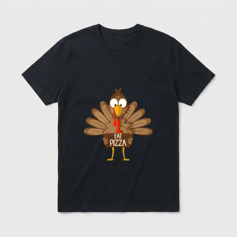 Funny Eat pizza turkey T-Shirt – Cartoon turkey holding a wooden sign that reads EAT PIZZA – Classic T-Shirt in Black
