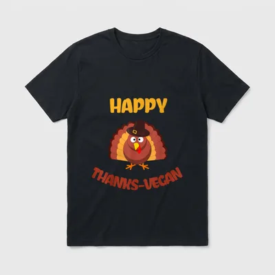 Funny Vegan Thanksgiving Meat T-Shirt – Cartoon turkey in pilgrim hat with text HAPPY THANKS-VEGAN – Classic T-Shirt in Black