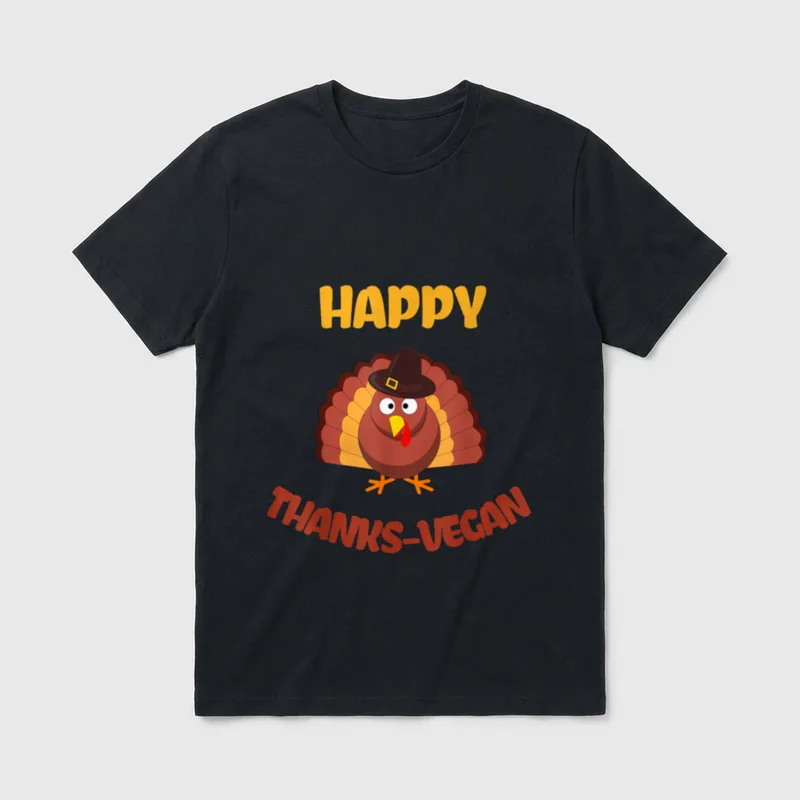 Funny Vegan Thanksgiving Meat T-Shirt – Cartoon turkey in pilgrim hat with text HAPPY THANKS-VEGAN – Classic T-Shirt in Black