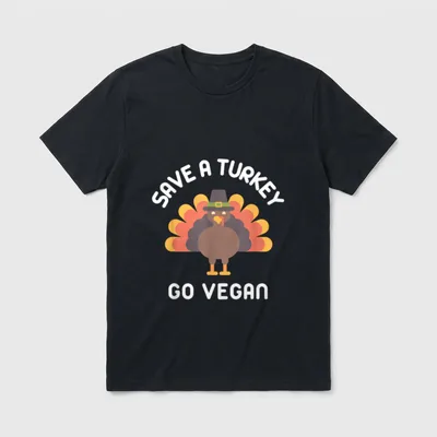 Save A Turkey Go T-Shirt – Cartoon turkey in a pilgrim hat with text Save A Turkey Go Vegan – Classic T-Shirt in Black