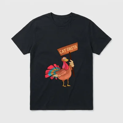Eat Pasta Not Turkey T-Shirt – Cartoon turkey holding a wooden sign reading EAT PASTA – Classic T-Shirt in Black