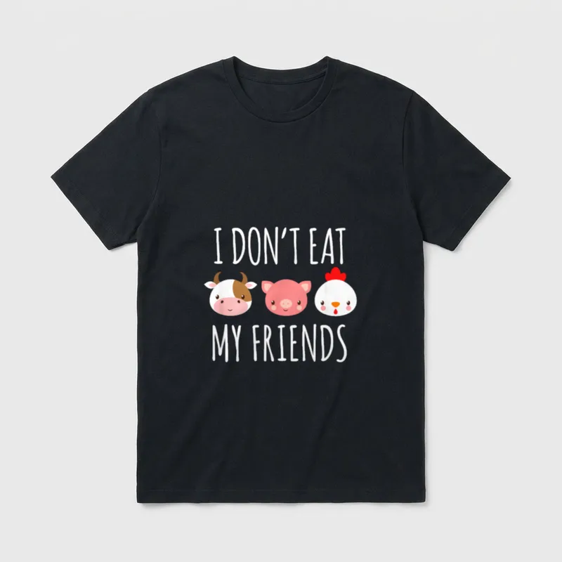 I don't eat of my friends T-Shirt – I DON'T EAT MY FRIENDS with cartoon cow, pig, and chicken – Classic T-Shirt in Black