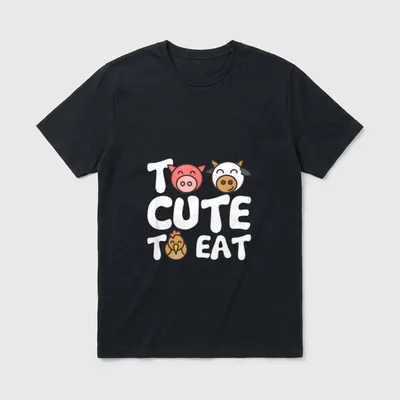 Too cute to eat T-Shirt – Smiling pig cow and chicken faces integrated into white text – Classic T-Shirt in Black