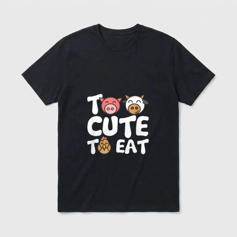 Too cute to eat T-Shirt – Smiling pig cow and chicken faces integrated into white text – Classic T-Shirt in Black