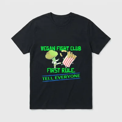 Vegan Fight Club First T-Shirt – Broccoli in karate gi kicking french fries container – Classic T-Shirt in Black