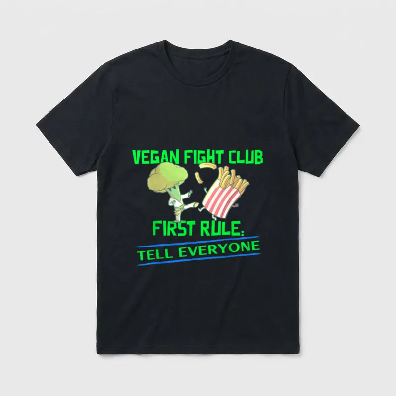 Vegan Fight Club First T-Shirt – Broccoli in karate gi kicking french fries container – Classic T-Shirt in Black