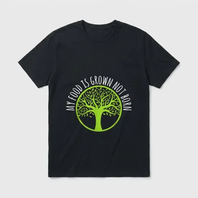 Vegan My Food T-Shirt – Green tree illustration with arched white text MY FOOD IS GROWN NOT BORN – Classic T-Shirt in Black