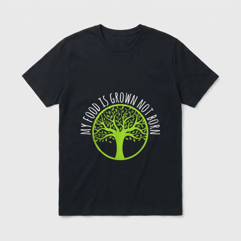 Vegan My Food T-Shirt – Green tree illustration with arched white text MY FOOD IS GROWN NOT BORN – Classic T-Shirt in Black