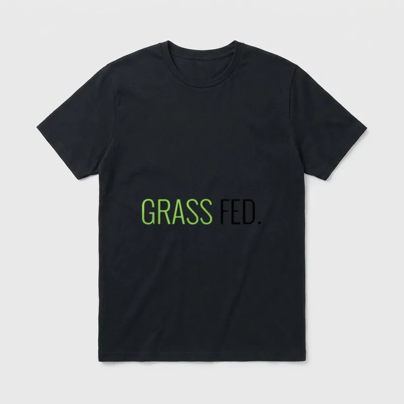 Grass Fed Vegetarian Animal T-Shirt – Green and black text reading GRASS FED on a grey background – Classic T-Shirt in Black