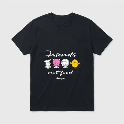 Vegetarian Vegan Animal Friends T-Shirt – Cute cow pig sheep and chick with Friends not food text – Classic T-Shirt in Black