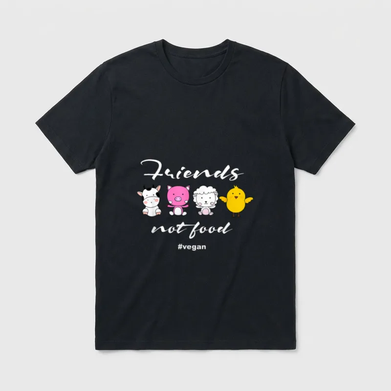 Vegetarian Vegan Animal Friends T-Shirt – Cute cow pig sheep and chick with Friends not food text – Classic T-Shirt in Black
