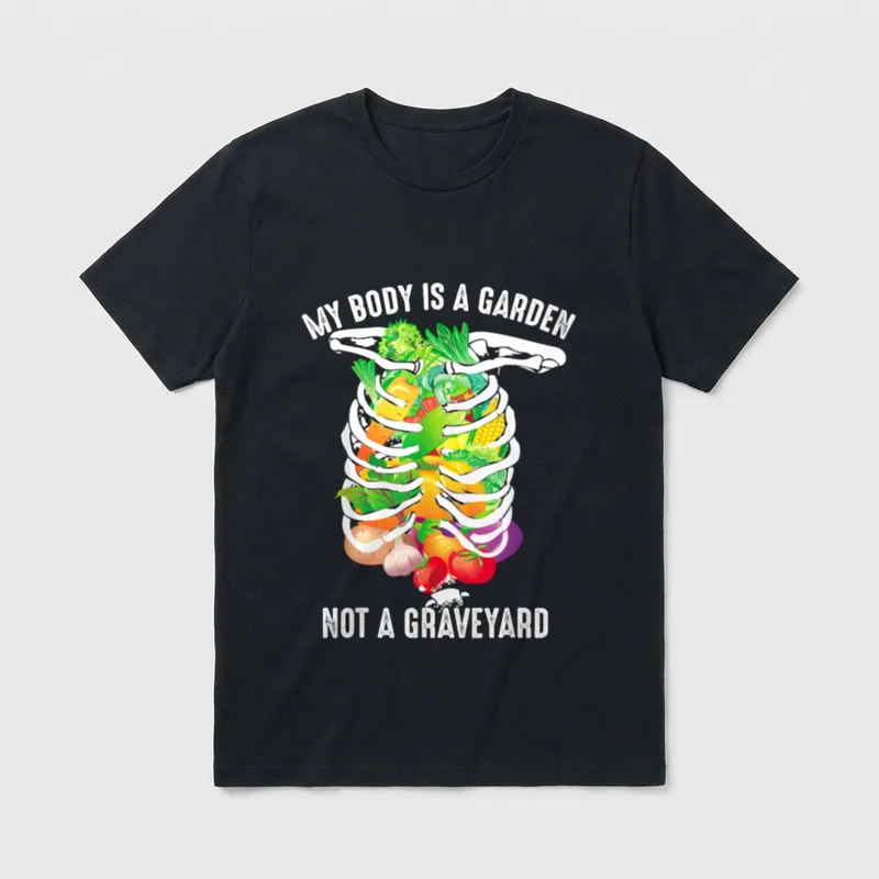 My Body T-Shirt – Skeleton filled with vegetables, text "MY BODY IS A GARDEN NOT A GRAVEYARD" – Classic T-Shirt in Black