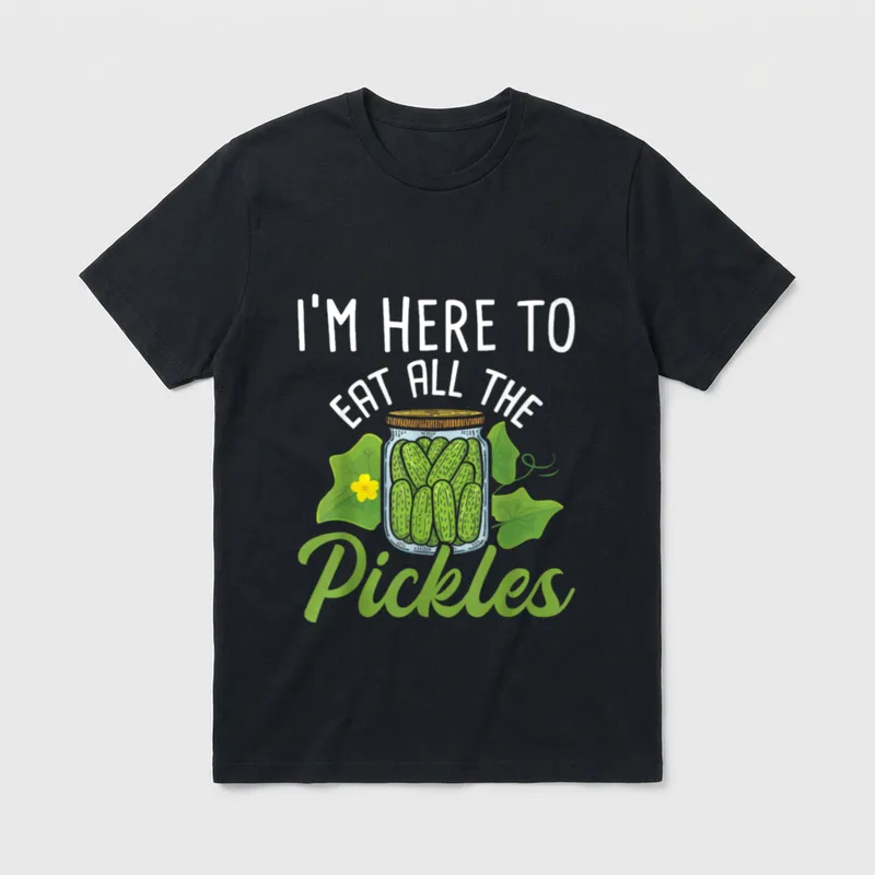 I'm Here to Eat All T-Shirt – I'm Here to Eat All the Pickles – jar full of cucumbers with leaves – Classic T-Shirt in Black