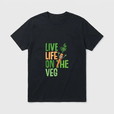 Funny vegetarian live T-Shirt – Text reading LIVE LIFE ON THE VEG with cartoon carrot character – Classic T-Shirt in Black
