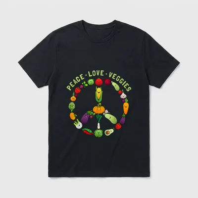 Funny Veggie Art for Women T-Shirt – Peace · Love · Veggies text with cartoon vegetables – Classic T-Shirt in Black