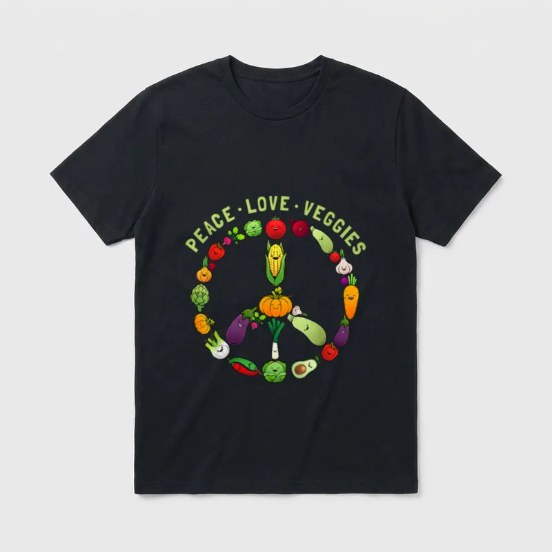 Funny Veggie Art for Women T-Shirt – Peace · Love · Veggies text with cartoon vegetables – Classic T-Shirt in Black
