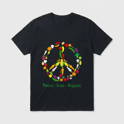 Cute Kawaii Vegetable Veggie T-Shirt – "Peace · Love · Veggies" text with vegetable peace sign – Classic T-Shirt in Black