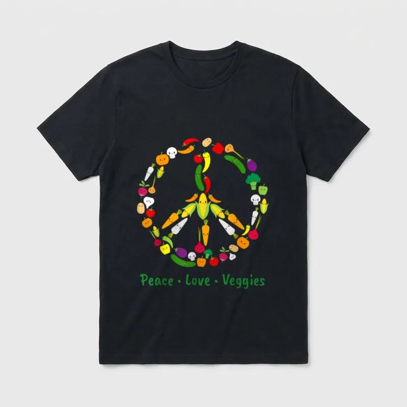 Cute Kawaii Vegetable Veggie T-Shirt – "Peace · Love · Veggies" text with vegetable peace sign – Classic T-Shirt in Black