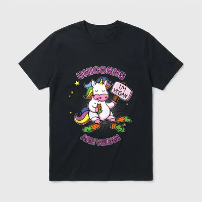 Unicorns Are Vegan Funny T-Shirt – Unicorn holding I'm Vegan sign with vegetables and stars – Classic T-Shirt in Black