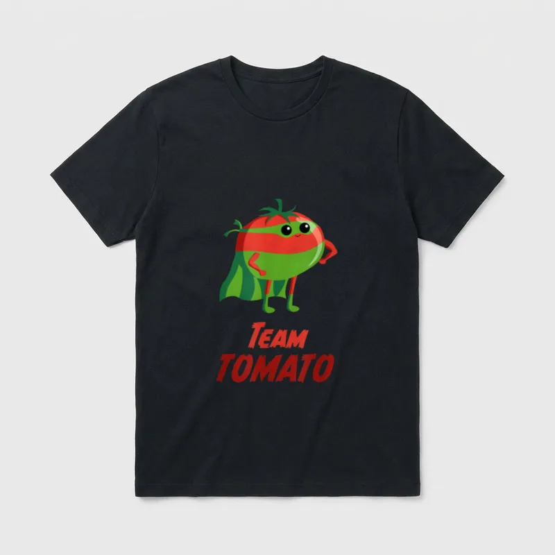 Team Tomato Super hero T-Shirt – Cartoon tomato in superhero cape and mask with TEAM TOMATO text – Classic T-Shirt in Black