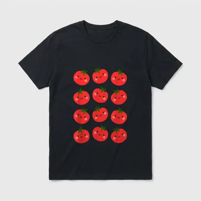 Tomato Pattern Cute Happy T-Shirt – Grid of twelve smiling red tomatoes with green leafy tops – Classic T-Shirt in Black
