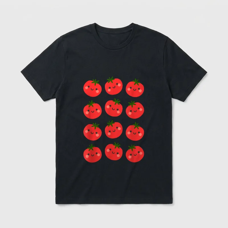 Tomato Pattern Cute Happy T-Shirt – Grid of twelve smiling red tomatoes with green leafy tops – Classic T-Shirt in Black