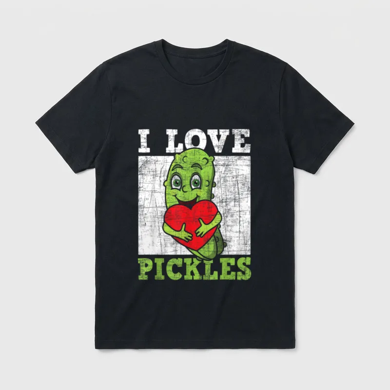 I Love Pickles Pickle T-Shirt – Green pickle holding red heart with I LOVE PICKLES text – Classic T-Shirt in Black