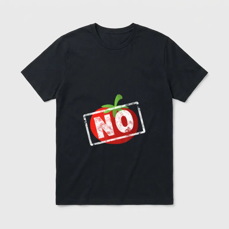 No Tomatoes For Men T-Shirt – Red tomato with white NO stamp overlay – Classic T-Shirt in Black