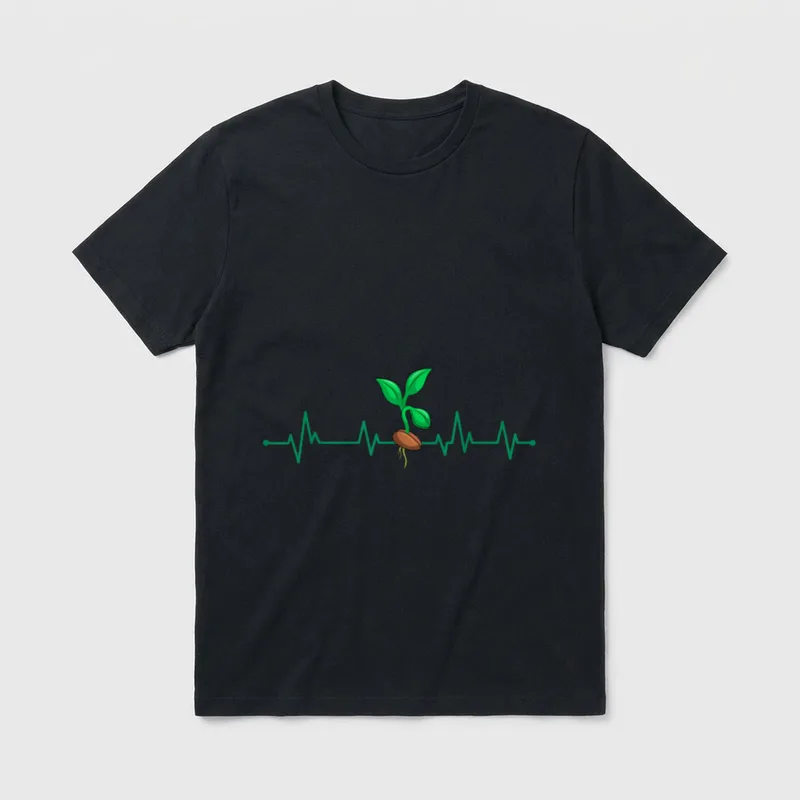 Vegan Heartbeat Vegetarian Diet T-Shirt – Green EKG line sprouting a seed with leaves and roots – Classic T-Shirt in Black