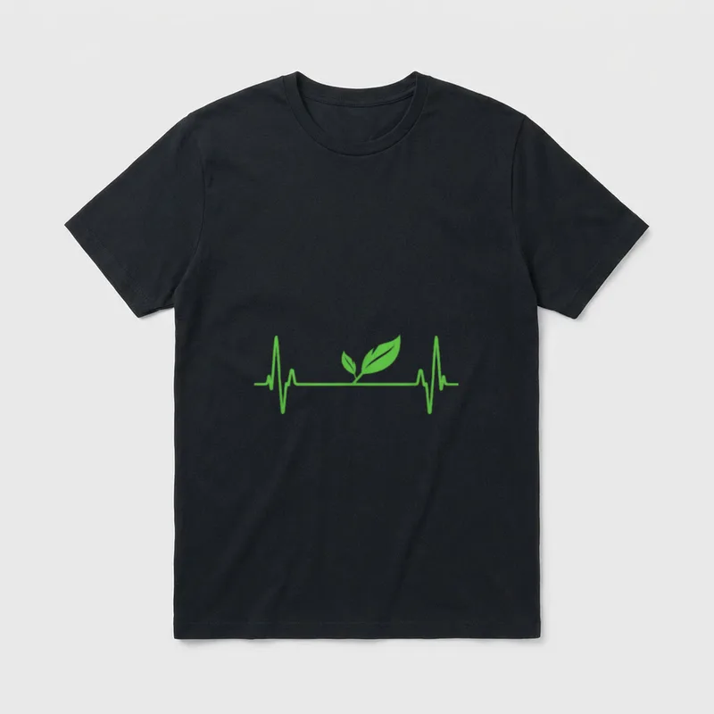 Vegan or Vegetarian Plant T-Shirt – Green EKG line with two leaves growing from the center – Classic T-Shirt in Black