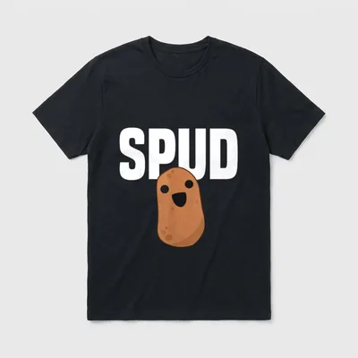 Spud Kawaii Potato Funny T-Shirt – Cute smiling cartoon potato below bold white SPUD text – Classic T-Shirt in Black