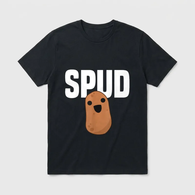 Spud Kawaii Potato Funny T-Shirt – Cute smiling cartoon potato below bold white SPUD text – Classic T-Shirt in Black