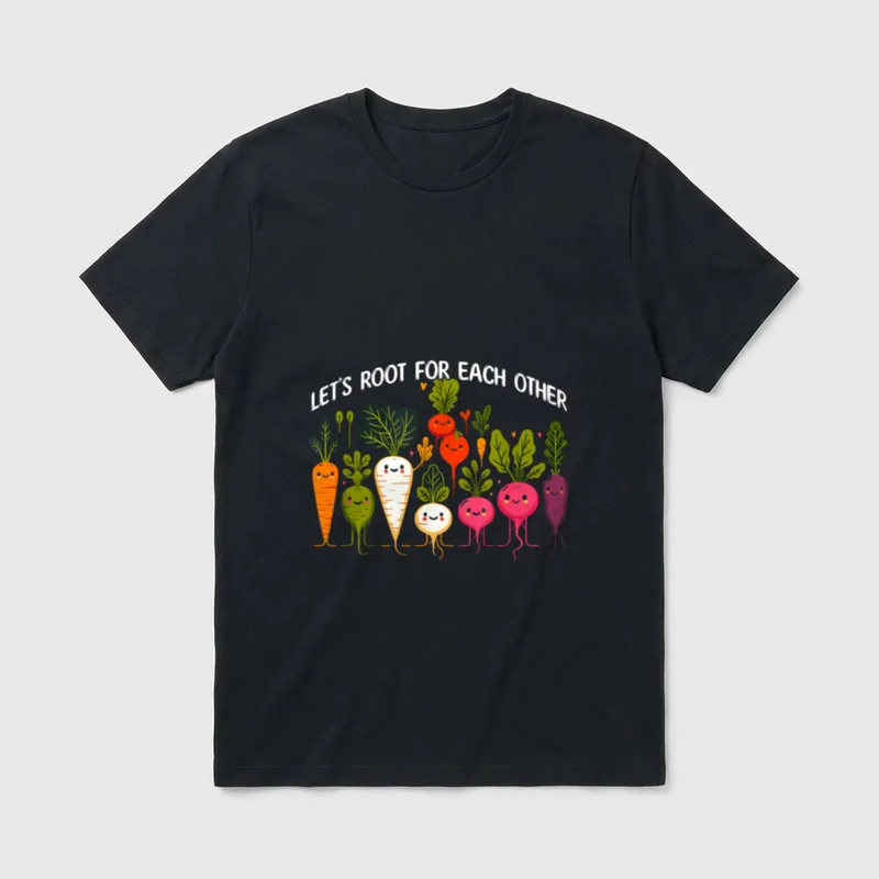 Let's Root For Each T-Shirt – Smiling carrots and beets with Let's Root For Each Other text – Classic T-Shirt in Black