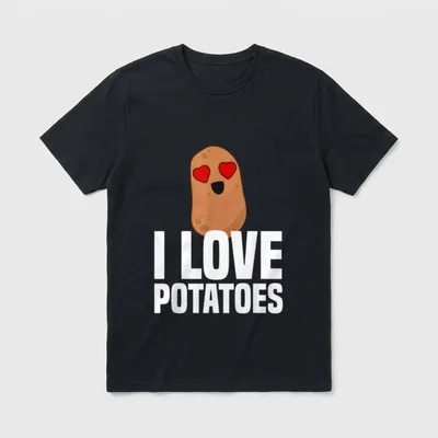 I Love Potatoes Funny T-Shirt – Cute brown potato with red heart eyes and I LOVE POTATOES text – Classic T-Shirt in Black