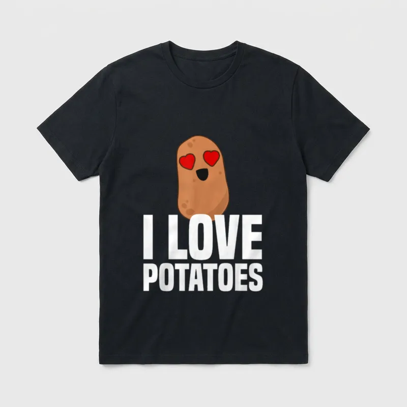 I Love Potatoes Funny T-Shirt – Cute brown potato with red heart eyes and I LOVE POTATOES text – Classic T-Shirt in Black